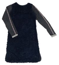 Tmavomodré chlupato-třpytivé šaty 