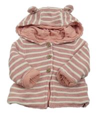 Růžovo-bílý pruhovaný propínací podšitý svetr s kapucí Tu