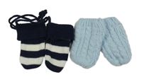 2set - 2x pletené rukavice - světlemodré + tmavomodro-bílé pruhované 