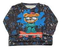 Šedo-modrá vzorovaná mikina s medvídkem 