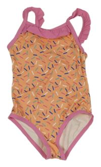 Meruňkovo-růžovo-barevné vzorované jednodílné plavky s volánky 