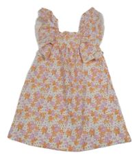 Bílo-růžovo-oranžové květované šaty s volánky Zara