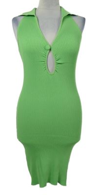 Dámské limetkové žebrované pletené elastické midi šaty 