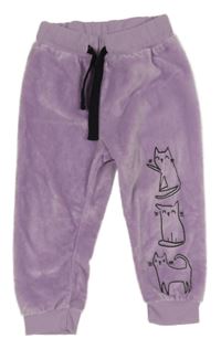 Fialové chlupaté domácí kalhoty s kočkami