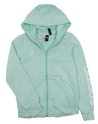 Mintovo-bílá propínací mikina s logem a kapucí Adidas