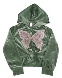 Khaki sametová crop mikina s motýlem a kapucí Shein