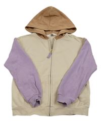 Béžová propínací mikina s lila rukávy a kapucí H&M