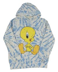 Modro-bílá batikovaná mikina s Tweetym a kapucí 