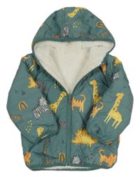 Zelená šusťáková zimní bunda se zvířátky a kapucí 