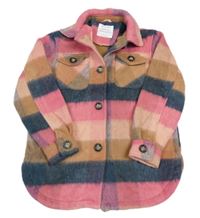 Růžovo-béžovo-tmavomodrá kostkovaná flaušová košilová bunda Primark