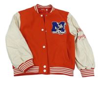 Červeno-smetanová flaušovo/koženková baseballová jarní bunda s nášivkou H&M