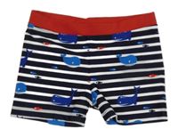 Tmavomodro-bílé pruhované nohavičkové plavky s velrybami Topomini