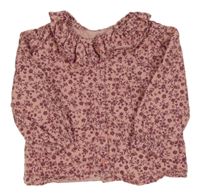 Růžovo-vínová kytičkovaná manšestrová halenka s volánkem Primark 