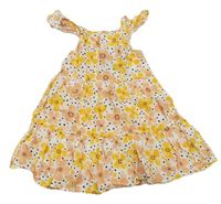 Smetanovo-hořčicovo-broskvové květované puntíkaté letní šaty s volánky PRIMARK