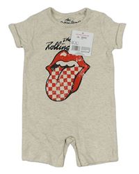 Smetanovo-světlebéžový melírovaný kraťasový overal s potiskem - The Rolling Stones