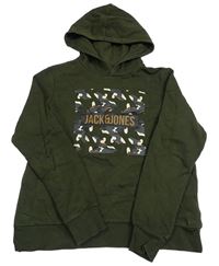 Tmavokhaki mikina s logem a kapucí JACK&JONES