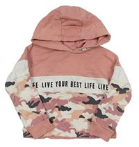 Pudrovo-bílo-army oversize crop mikina s nápisem a kapucí F&F