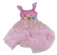 Růžové šaty s princeznami a tylem s flitry a volánky a všitým body Disney