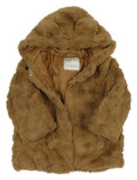 Hnědý kožešinový zateplený kabát s kapucí s oušky PRIMARK