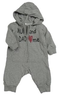 Šedá melírovaná tepláková kombinéza s nápisy a srdíčkem a kapucí bpc