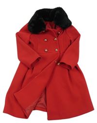 Červený flaušový podšitý kabát s černým kožešinovým límečkem St. Bernard