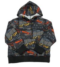 Tmavošedo-černá mikina s auty a kapsou a kapucí 