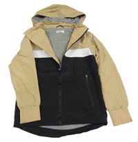 Černo-bílo-béžová šusťáková jarní bunda se znakem a nápisy a odepínací kapucí H&M