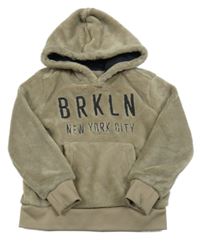 Hnědošedá plyšová mikina s nápisy a kapsou a kapucí 