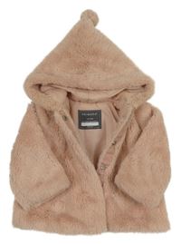 Světlerůžový kožešinový zateplený kabátek s kapucí s bambulí PRIMARK