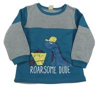 Petrolejovo-šedá melírovaná teplá mikina s dinosaurem X-MAIL