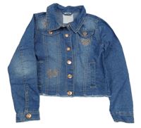 Modrá riflová crop bunda se srdíčky z kamínků a límečkem Lemon Kiss