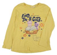 Žluté triko s kočičkami a nápisy Kids