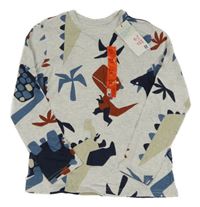 Nové - světlešedé melírované triko s dinosaury s palmami PRIMARK