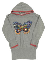 Šedá melírovaná svetrová šatová tunika s motýlem z flitrů s korálky a kapucí