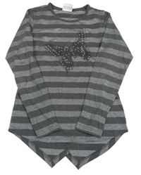 Tmavošedo-stříbrné pruhované triko s motýlem s kamínky Yigga