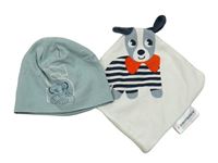 2set - Zelenošedá bavlněná čepice se Simbou + bílý plyšový usínáček se psem
