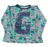 Bílo-tmavomodré pruhované triko s květy a písmenem Topolino