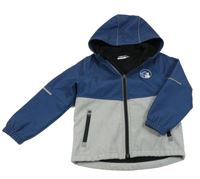 Tmavomodro-šedá softshellová bunda s nášivkou a kapucí Stop+Go