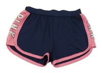 Tmavomodro-růžové sportovní kraťasy s nápisem