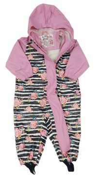 Černo-bílo-růžová nepromokavá kombinéza s květy a kapucí Lupilu