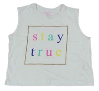 Bílý crop top se zlatým rámem s barevnými nápisy PRIMARK