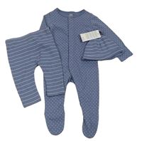 3 set - Modrý puntíkatý overal + modré pruhované tepláky + pruhovaná čepice F&F