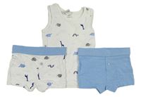 3 set - Bílý nátělník se zvířaty + modré boxerky + bílo-modré boxerky Topomini