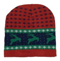 Červeno-zeleno-modrá vzorovaná pletená čepice se soby 