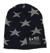 Tmavomodrá pletená zateplená čepice s hvězdičkami 