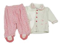 2 set - smetanové propínací mikina s límečkem + růžové vzorované sametové polodupky 