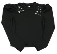 Černé žebrované triko s perličkami a nařasenými rukávy shein