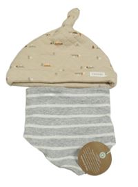 2 set - šedý pruhovaný slinták + béžová vzorovaná čepice 