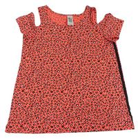 Neonově korálovo-bílo-černé tričko s leopardím vzorem a volnými rameny C&A