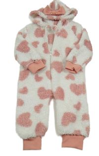 Bílo-růžová chlupatá kombinéza se srdíčky a kapucí 